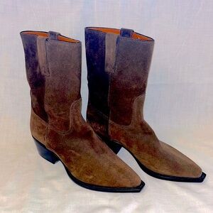 NWOT Cole Haan Suede Cowboy Boots in Chocolate Brown, midcalf length